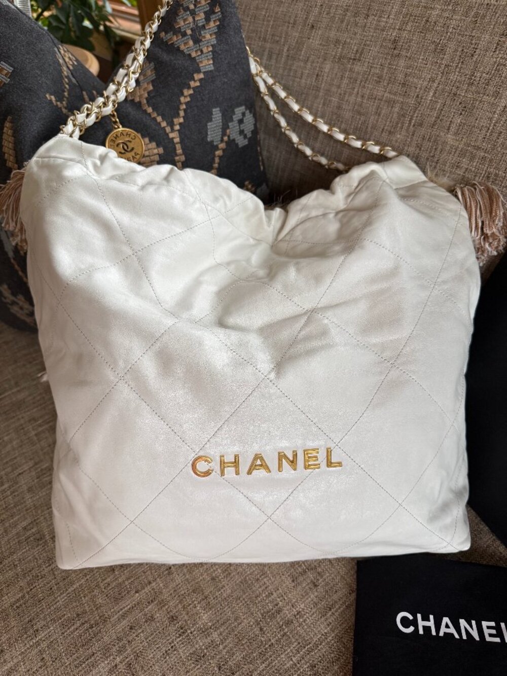 Chanel 22 Large size Chain Hobo White Quilted Calfskin gold-tone hardware